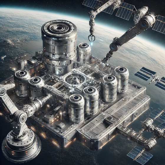 Illustration of a space manufacturing platform in orbit above Earth